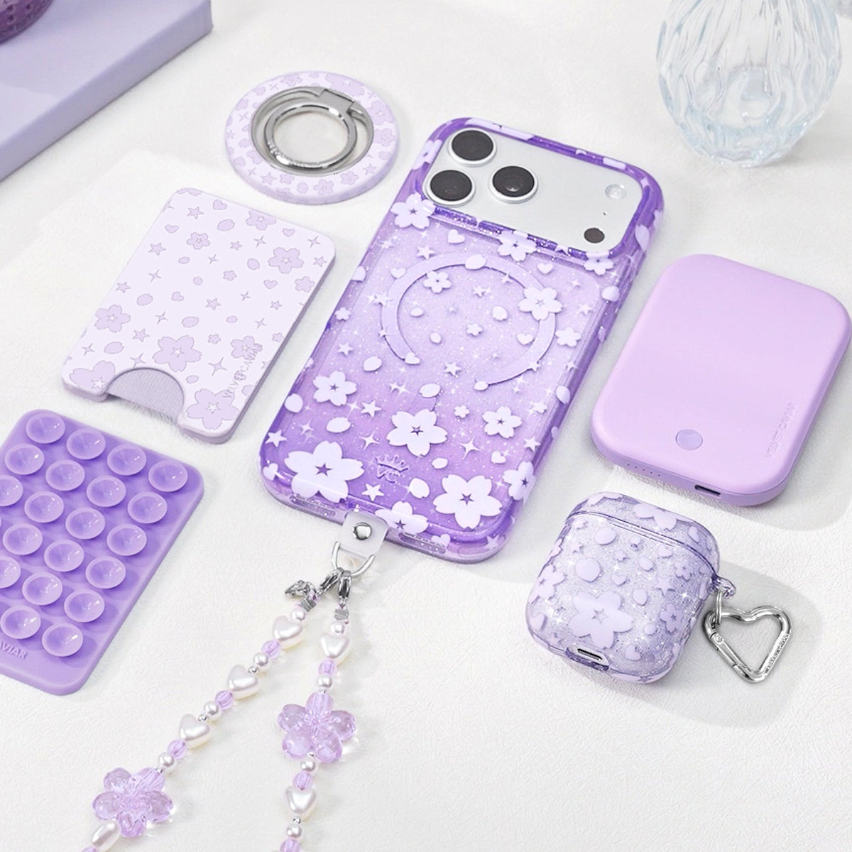 Lavender Cherry Blossom Glitter AirPod Case