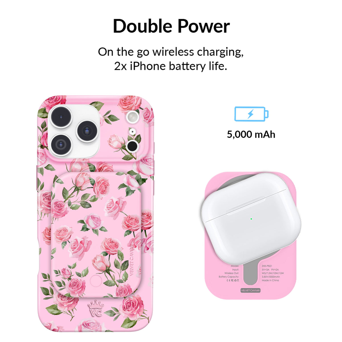 Pink Rose Floral MagSafe Battery Power Pack