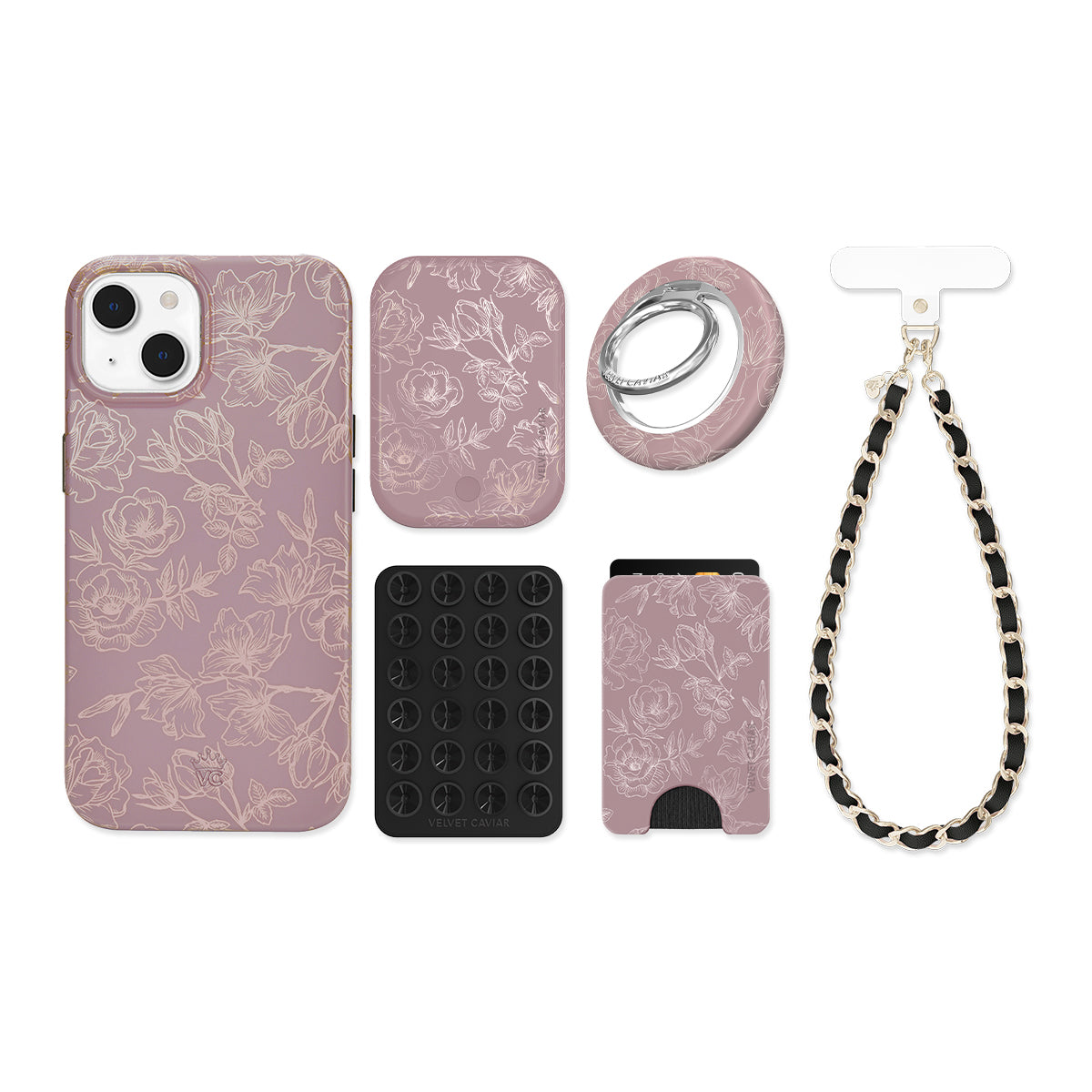 Dusty Rose Chrome Floral iPhone Bundle Set