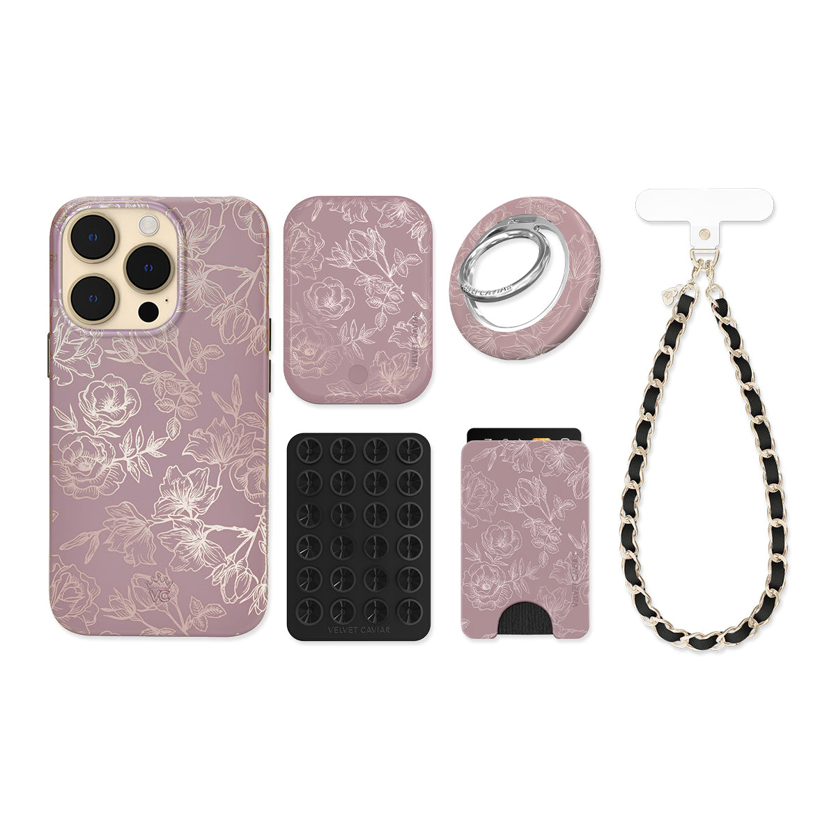 Dusty Rose Chrome Floral iPhone Bundle Set