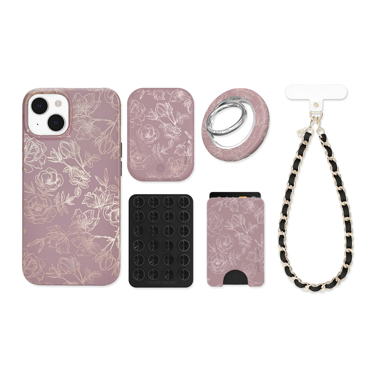 Dusty Rose Chrome Floral iPhone Bundle Set