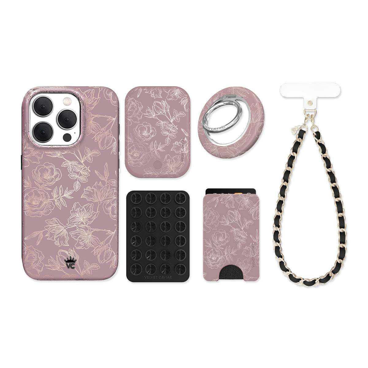 Dusty Rose Chrome Floral iPhone Bundle Set