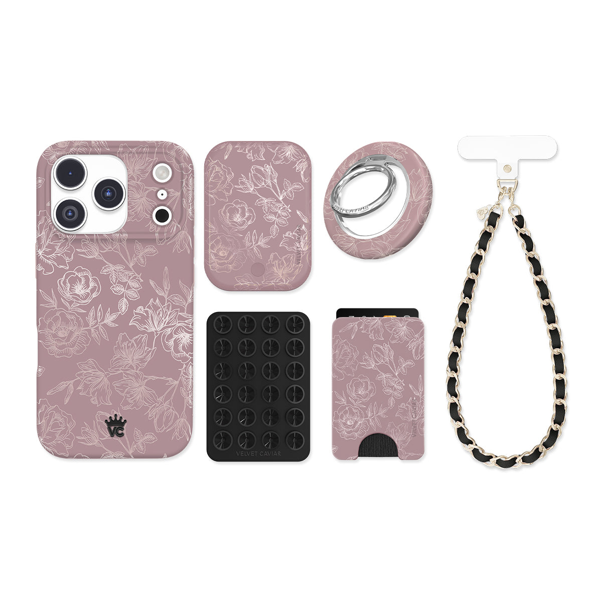 Dusty Rose Chrome Floral iPhone Bundle Set