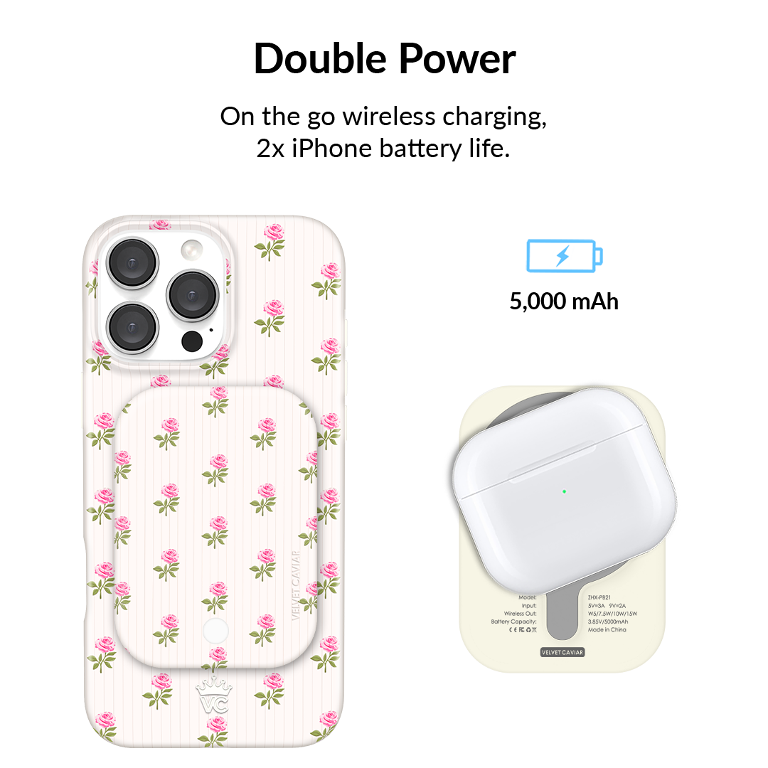 Pink Peony Floral Portable MagSafe Charger Power Pack