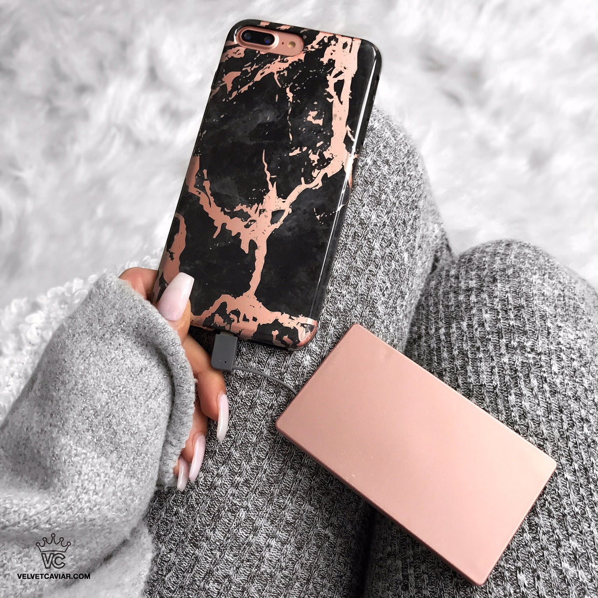 Black Marble Rose Gold Chrome iPhone Case