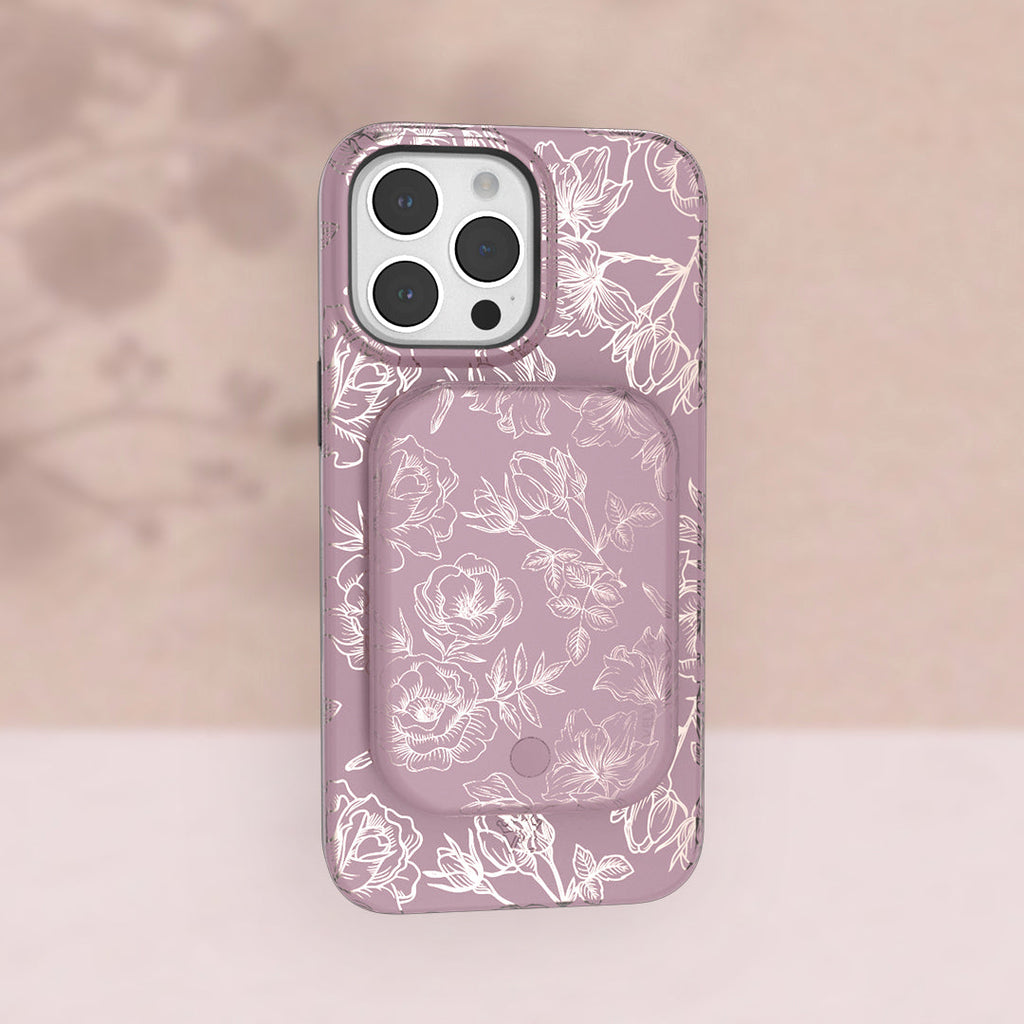 Dusty Rose Chrome Floral Portable MagSafe Charger Power Pack