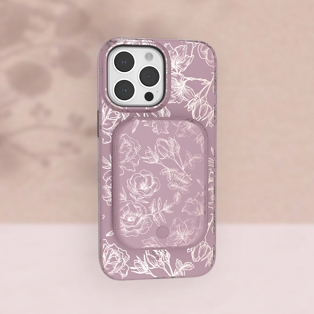 Dusty Rose Chrome Floral Portable MagSafe Charger Power Pack