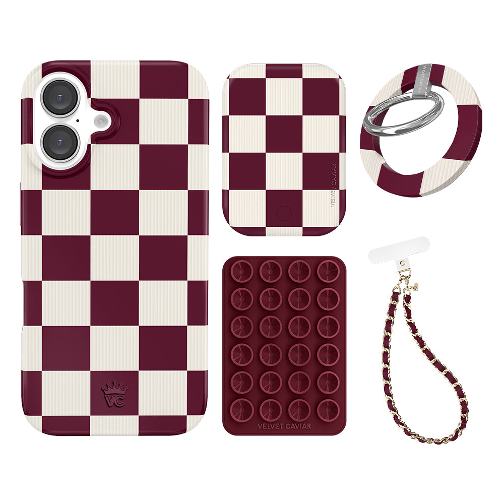 Burgundy Vibe Checkered iPhone Bundle Set - Grip