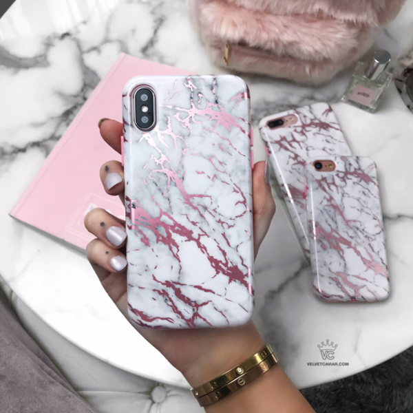 White Marble Pink Chrome iPhone Case