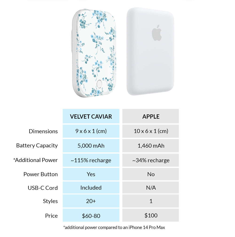 French Blue Floral Portable MagSafe Charger Power Pack