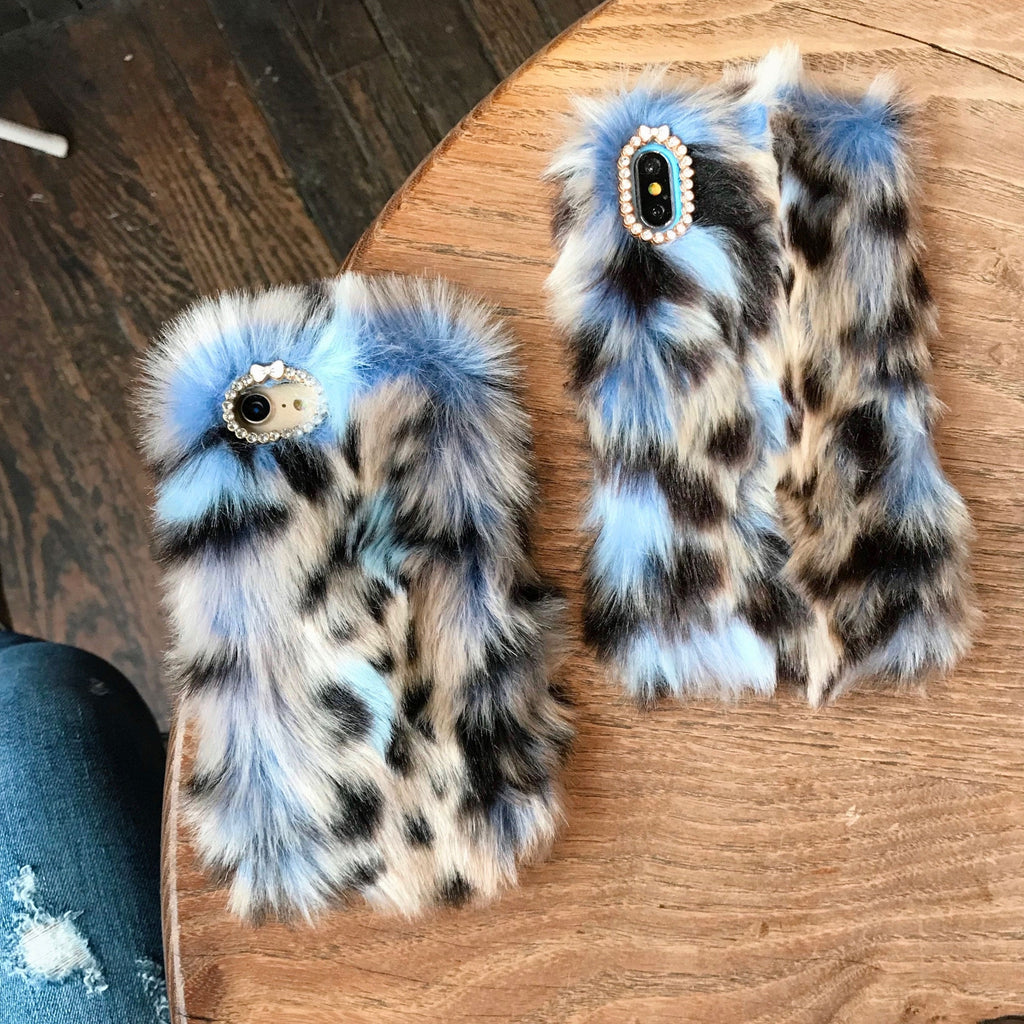 Blue Leopard Faux Fur iPhone Case