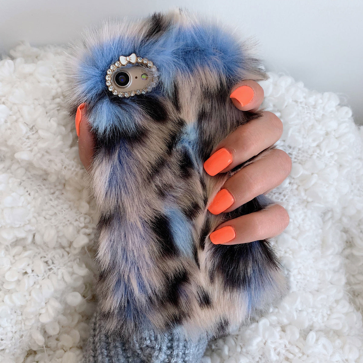 Blue Leopard Faux Fur iPhone Case