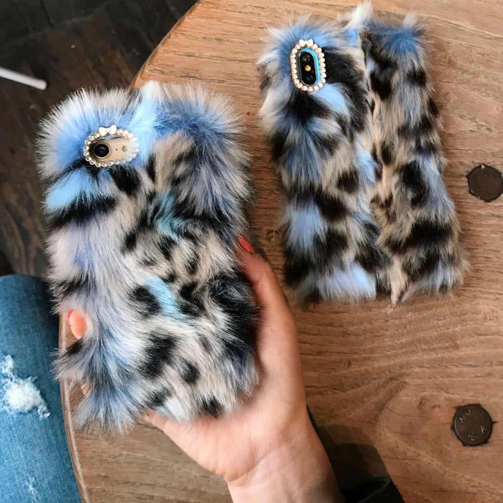 Blue Leopard Faux Fur iPhone Case