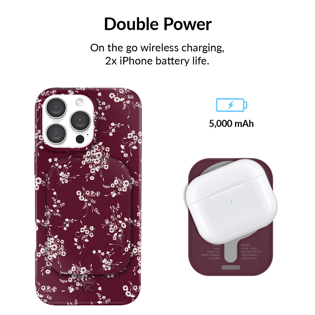 French Burgundy Floral Portable MagSafe Charger Power Pack