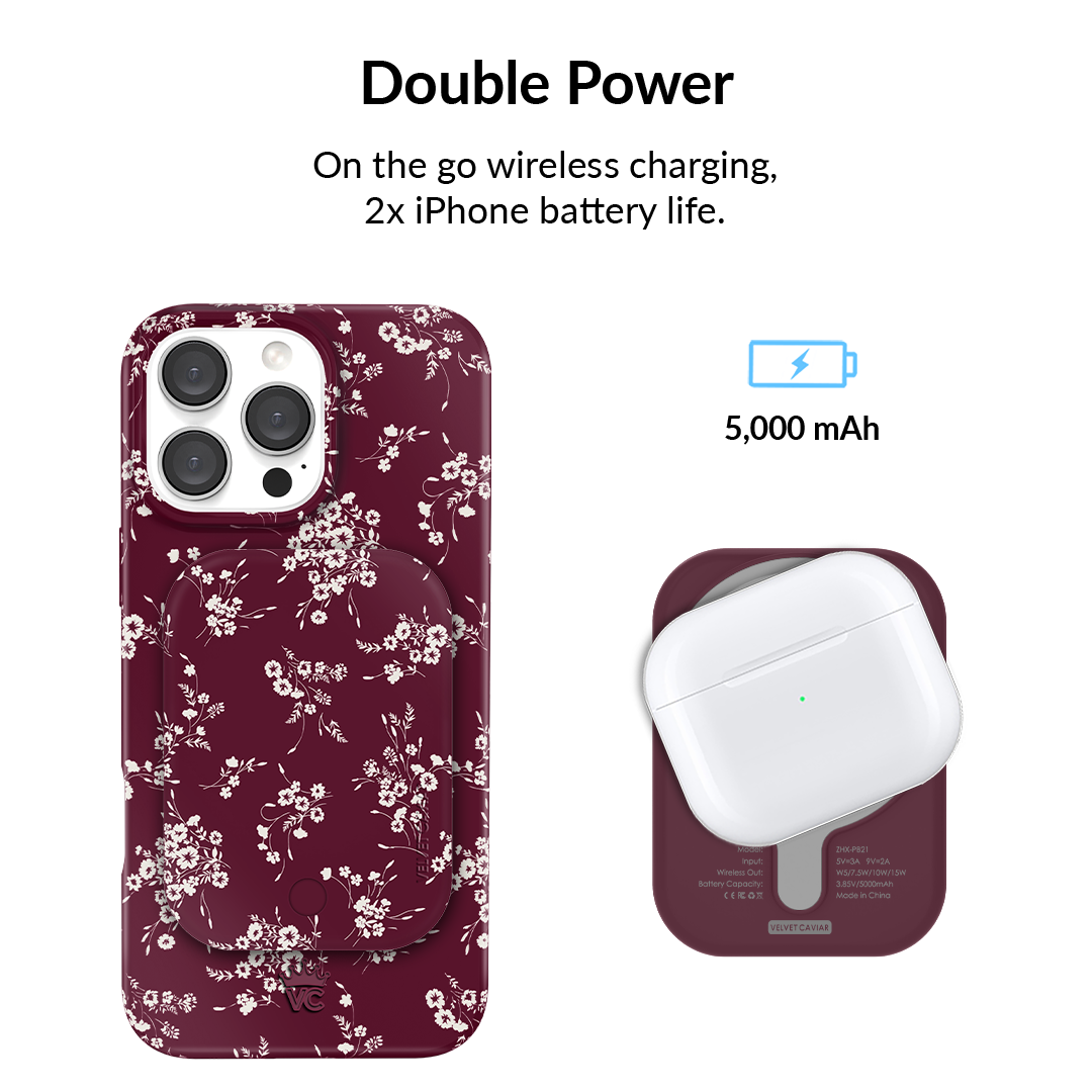 French Burgundy Floral Portable MagSafe Charger Power Pack