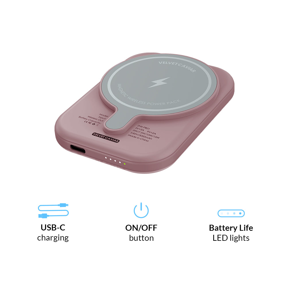 Dusty Rose Chrome Floral Portable MagSafe Charger Power Pack