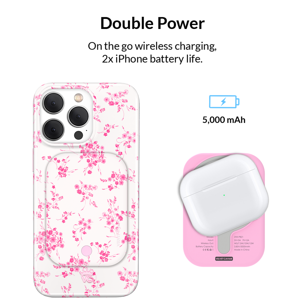 French Rose Floral Portable MagSafe Charger Power Pack