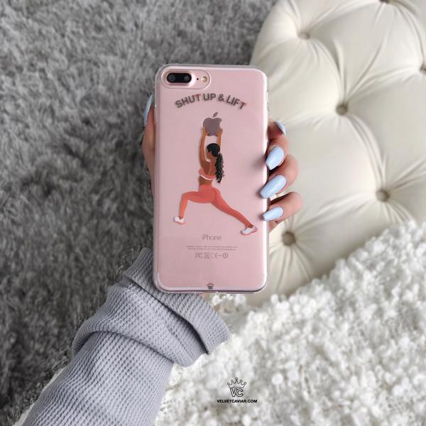 Shut Up & Lift iPhone Case Black Hair Pink Pants